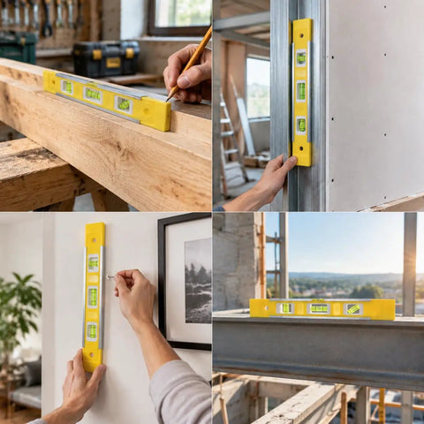 Spirit Level, 0.5mm/m Accuracy on wooden surface for measuring, handling in construction with yellow anodized aluminum body.