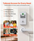 Silver Fingerprint Deadbolt Keyless Entry Door Lock featuring keypad, green light, and icons for family, friends, courier, and repairman.