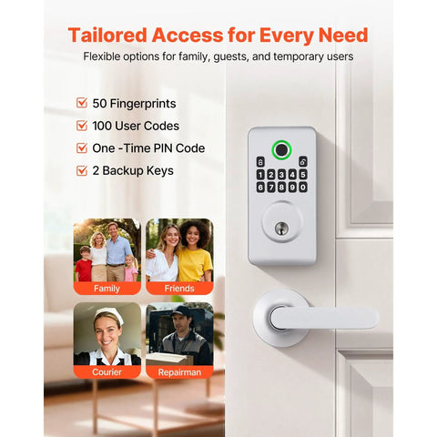 Silver Fingerprint Deadbolt Keyless Entry Door Lock featuring keypad, green light, and icons for family, friends, courier, and repairman.