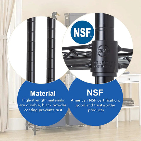 Tough As Nails Three Tier Wire Shelving Rack With Adjustable Steel Bars For Garage Home Closet Organization No Fuss Assembly Fits 23 By 13 By 30 Inches Holds Up To Four Fifty Pounds Black close-up showing durable black steel material and NSF certification labels.