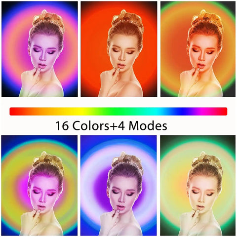 Six varied color displays with model showing Sunset Projection Lamp 6W LED With 180 Degree Rotating Head, Wireless App Control And Remote, 16 Color Modes, Cozy Sunset Vibe Ambient Lighting For Bedroom And Living Room Decor highlighting features.