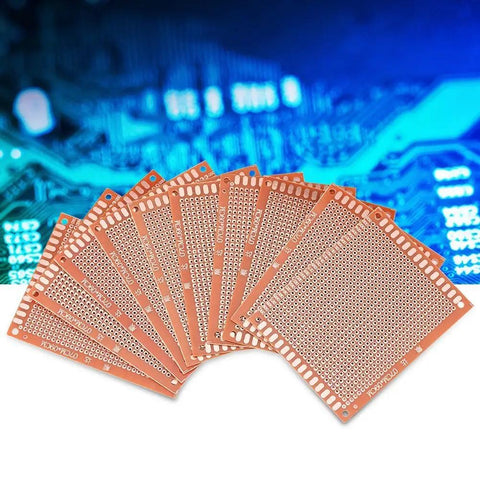 10 Pack Single Sided PCB Prototype Boards Kit for DIY Electronics, showing 7x9cm circuit boards against a blue background