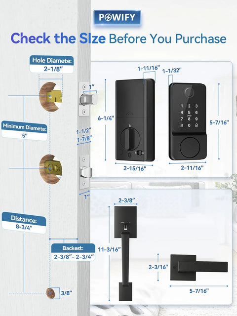 Smart Keyless Entry Door Lock With Handle, Bluetooth App Control Front Lock, Keypad shown with dimensions and installation guide