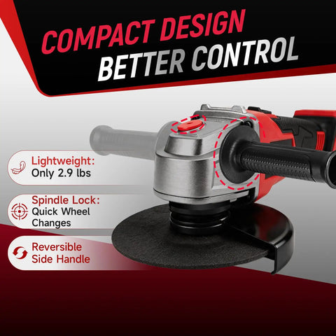 Heavy Duty Brushless Cordless Angle Grinder 4 1/2 Inch With 10000 Rpm Motor Built For Tough Cuts And Grinds showing compact design.