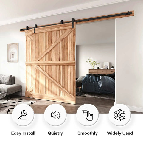 12 Ft Single Track Bypass Sliding Barn Door Hardware Kit Featuring Heavy Duty Black Powder Coated Aluminum Track with Barn Door in Room