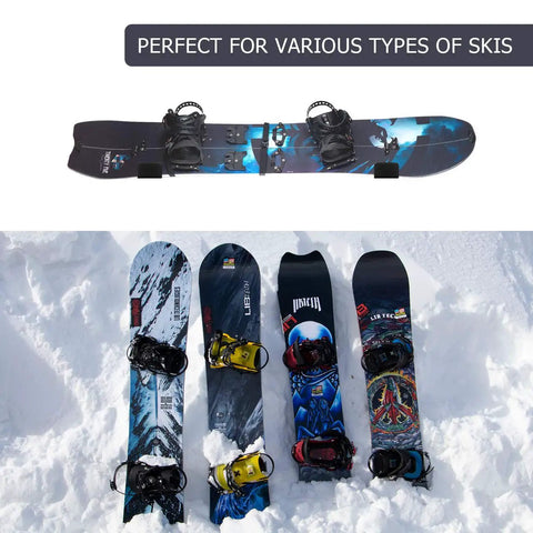 Rock Solid Aluminum Wall Mount Snowboard Rack With Hella Secure Eva Grip Pads To Keep Your Boards Locked Down Safe For Garage Or Home Storage Layouts Includes Two Heavy Duty Rack Units displaying multiple snowboards in snow.