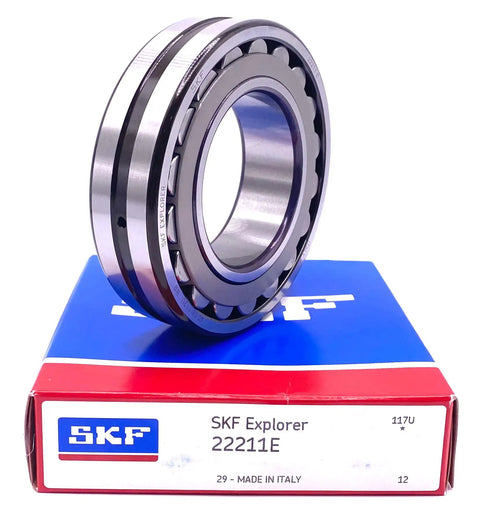 Heavy Duty 22211 E Spherical Roller Bearing Size 55X100X25 Millimeters With C3, steel cage, mounted on SKF box.