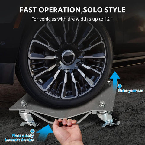 Built Tough Wheel Roller Set Of Four pushes up to 6000 lbs under a tire, showing usage on a vehicle with 12" tire width.
