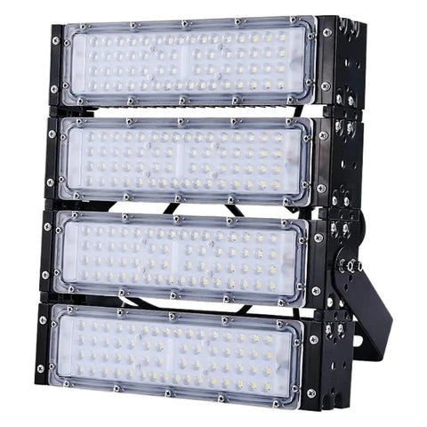 Built Tough Outdoor Flood Light With IP65 Rain Shield Housing And Rich 3000K Warm White Tone, stack of LED panels for security.