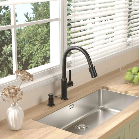 Oil Rubbed Bronze Pull Down Kitchen Faucet With Sprayer, Sleek Single Handle Design, 17 Inch Tall, Installed in Modern Kitchen