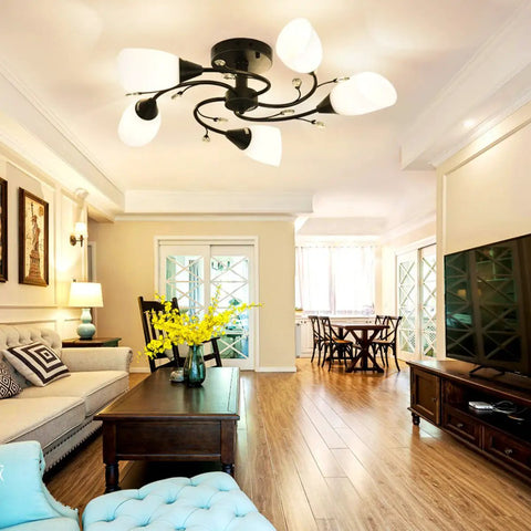 Dope Semi Flush Mount Ceiling Light Fixture With Five Tulip Glass Globes, Modern Black Pendant Ceiling Light in living room