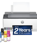 Front view of a refillable all-in-one wireless printer for home office with scanner and copier. Includes ink bottles.