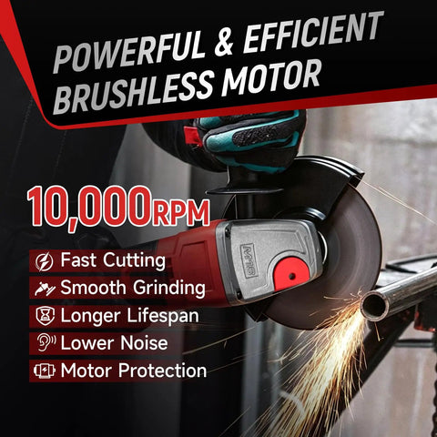 Heavy Duty Brushless Cordless Angle Grinder 4 1/2 Inch With 10000 Rpm Motor shown cutting steel, highlighting features like fast cutting and smooth grinding.