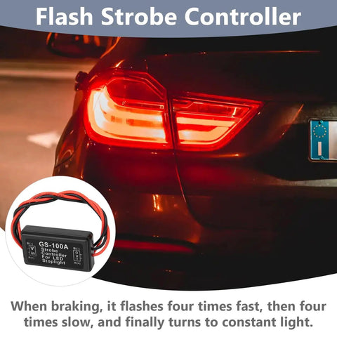 Brake Strobe Light Flasher Module Two Pack With Dual Flash Patterns For Safer Driving, Four Quick Then Four Slow Blinks Before Steady Light, GS 100A Car Brake Warning System For Eye Catching Alerts, shown with car taillight