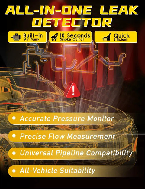 All-in-One Leak Detector features built-in air pump and 10 seconds smoke output for efficient testing across vehicles.