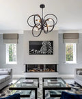 Contemporary Black Sputnik Chandelier Ceiling Light 6 Light Mid Century Geometric Circle Pendant in modern living room.