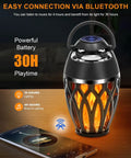 Close-up of Twin Pack Outdoor Bluetooth Flame Speaker with LED Torch, IPX5 Waterproof, Bluetooth 5.0, on a wooden table.