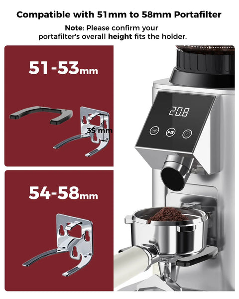 Level Up Your Daily Cup With This Rock Solid Conical Burr Coffee Grinder Packing 48 Precision Settings And Butter Smooth Electric Grinding For Fresh Espresso To French Press Perfection In Sleek Silver portafilter compatibility display with two holder sizes in silver and black.