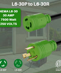 Heavy Duty Nema L6 30 Twist Lock Extension Cord 20 Foot Generator Power Cable 30 Amp with connectors, 250 Volt, outdoor use.