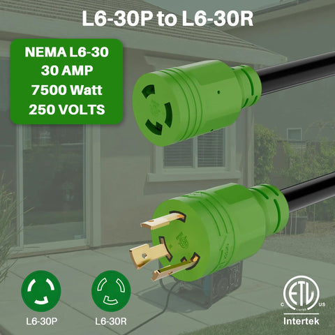 Heavy Duty Nema L6 30 Twist Lock Extension Cord 20 Foot Generator Power Cable 30 Amp with connectors, 250 Volt, outdoor use.