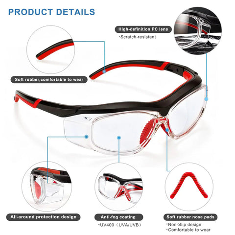 Anti Fog Scratch Resistant Safety Goggles With UV400 Lens Coating And HD Optics showcasing adjustable temples and red frame design.