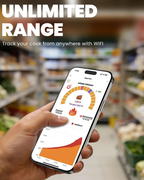 Person holding smartphone showing Wireless Meat Thermometer With WiFi And Bluetooth app interface in a grocery store.