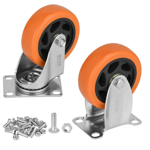 Glow Up Your Garage With These Smooth Rolling Four Inch Caster Wheels Set Of Four Designed For Peak Performance Featuring A Tough As Nails 2200 Pound Load Rating For Furniture And Tool Carts. Display of two orange polyurethane swivel casters with metal bases and hardware.