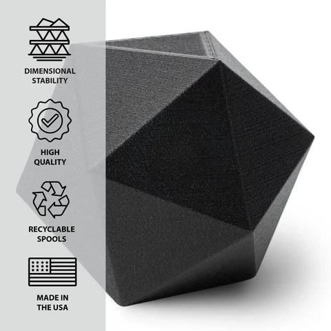 Premium Plant Based 3D Printer Filament 1.75mm Matte Fiber Heat Tolerant PLA In Crisp White 500G Spool shown as black geometric print.