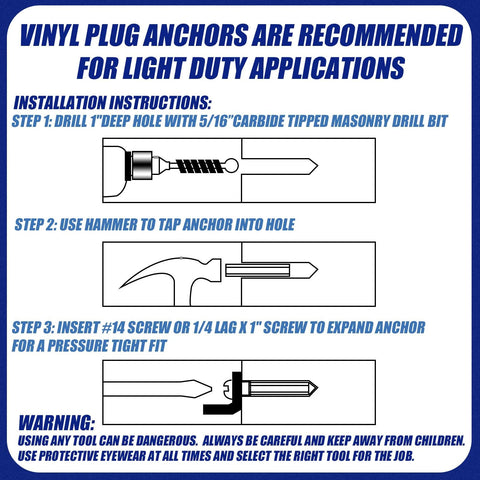 Installation instructions for vinyl plug anchors with step-by-step guide and safety warning