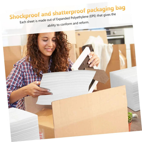 Person using 100 Pack White EPE Foam Pouches For Moving And Shipping Sweet Protective Cushioning Wrap Bags For Fragile Plates And Delicate Glassware.