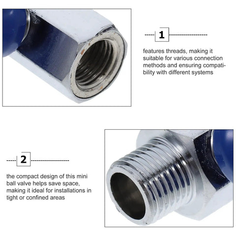 Quarter Inch Solid Brass Mini Ball Valve With Npt Thread Shut Off Handle showing detailed threaded connections for compatibility.