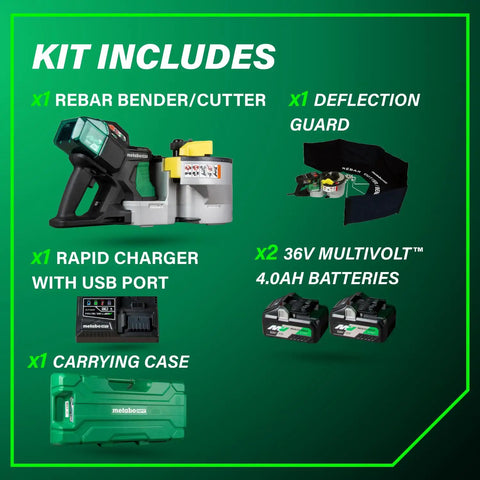 Badass Cordless Rebar Bender and Cutter Crushes Heavy Steel Tasks Fast Using One Brushless Motor and 36V Multivolt Battery kit contents image.