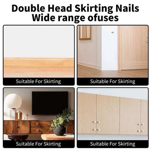 Pro Grade Double Head Skirting Nails Paired With Concealing Sleeve Inserts For Seamless Baseboard Trim displayed in various interior settings.