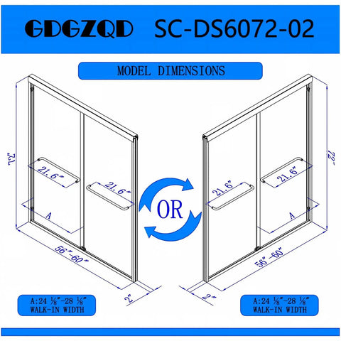 Semi Frameless Double Sliding Shower Door For Bathroom Adjustable 56 To 60 Inch Wide By 72 Inch Tall dimensions diagram