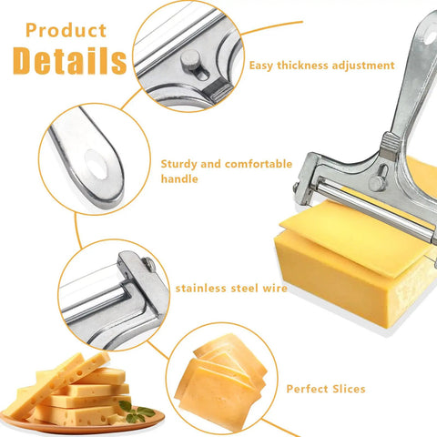 Adjustable Cheese Slicer With Four Replaceable Stainless Wires Heavy Duty Aluminum Alloy Handheld Cheese Cutter For Block And Sharp Cheeses Butter Smooth Cuts That Truly Slaps Home Kitchen Gadgets For Hard Dairy showing handle and stainless steel wire.