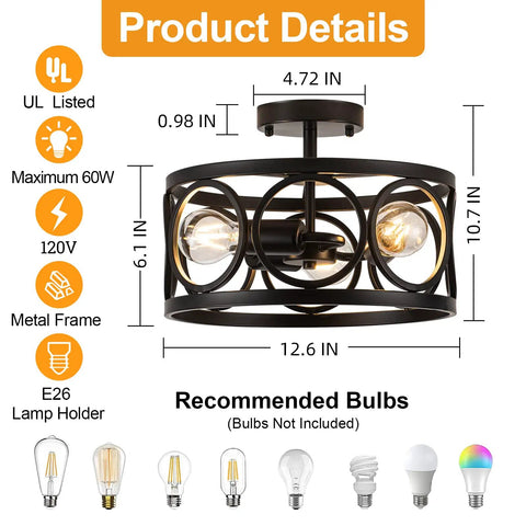 Three Light Semi Flush Mount Ceiling Fixture In Black Metal Farmhouse Chandelier dimensions and recommended bulbs