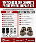 Built Tough Riding Mower Front Wheel Bearing Bushing And Axle Cap Rebuild Kit 16 Piece Hardware Set with E Clips and Thrust Washers, detailed comparison of new and worn parts.