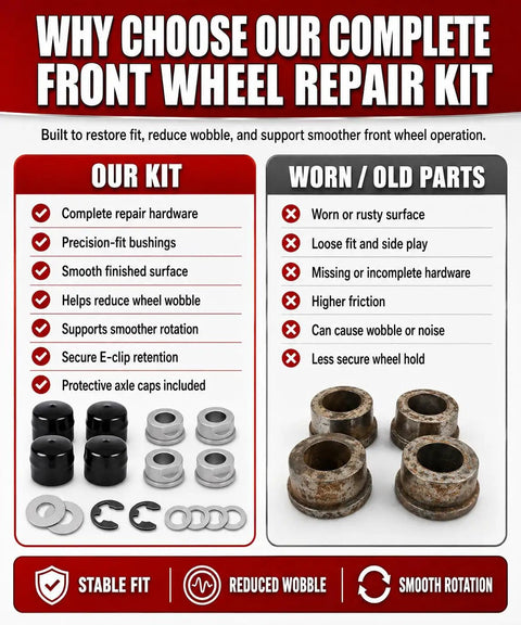 Built Tough Riding Mower Front Wheel Bearing Bushing And Axle Cap Rebuild Kit 16 Piece Hardware Set with E Clips and Thrust Washers, detailed comparison of new and worn parts.