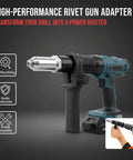 Heavy Duty Electric Rivet Gun Adapter Kit With Removable Handle And Four Rivet Heads, showcasing durable construction and versatile compatibility.