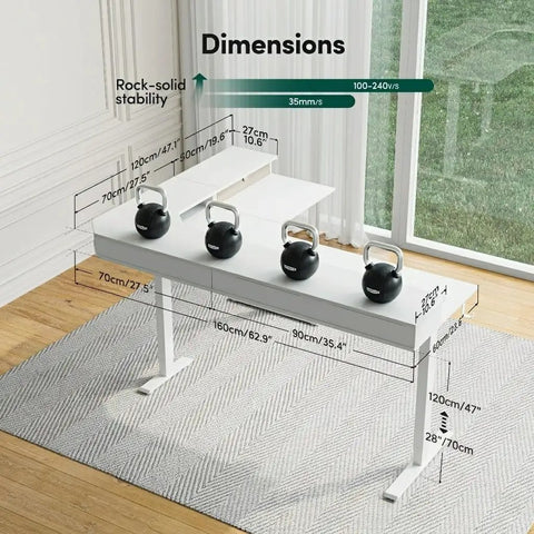 L Shaped Electric Standing Desk With Killer Storage Drawers, Reversible Tabletop For A Legit Home Office Or Gaming Setup, 63x48 Inch Large Workspace, Dual Memory Presets, Smooth Glide Motor, Fresh Warm White Finish, showing dimensions and stability.