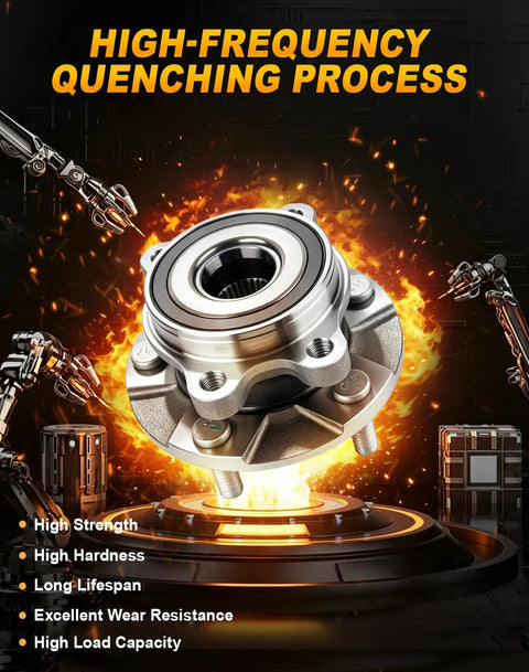 Front Wheel Hub And Bearing Assembly Pair Swap For Toyota Rav4 2006-2018 Mirai 2016-2020 Scion Tc 2011-2016 shown with high-frequency quenching process and steel finish.
