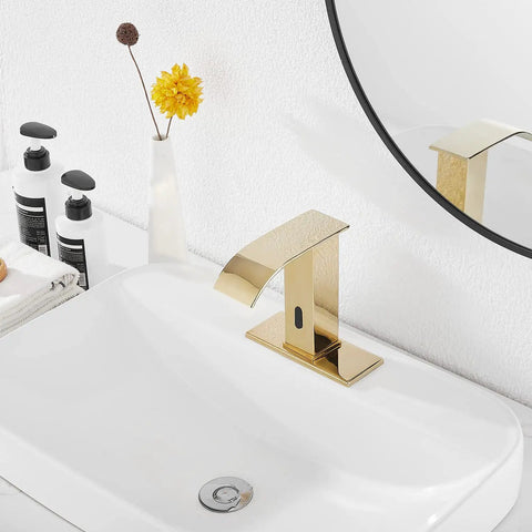 Automatic Sensor Touchless Bathroom Sink Faucet In Polished Gold With Drain Assembly And Vanity Mount Hands Free Waterfall Tap Temperature Mixer Control Box Hot And Cold Hoses in bathroom setting