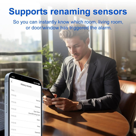 Man using phone with Dual WiFi And 4G Home Alarm System With 4.3 Inch Touch Screen Instant App Alerts No Monthly Fees GSM Backup