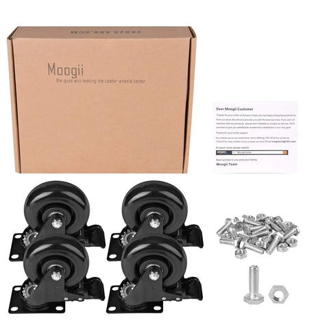 Set of 4 Inch Swivel Caster Wheels With Safety Dual Locking Brakes, screws, and packaging, 1800 lbs capacity, black polyurethane casters