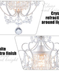 Close-up of Plug In Mini Crystal Chandelier, white retro finish with crystal refraction and elegant iron frame detailing.