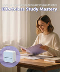 Light Blue Portable Thermal Label Maker Machine With Wireless Connectivity For iOS And Android Devices Featuring Inkless Mini Photo Printing Capabilities And OCR Text Recognition Technology For Smart Home Office Organization And Easy Note Taking On The with a student studying at a wooden desk.