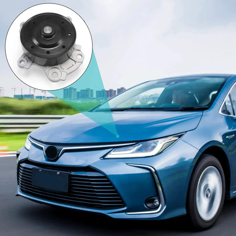 Premium Water Pump Solid Direct Replacement For Toyota Corolla And Camry 2009 To 2019 2ZR FE 1 8L Engine shown with car.