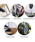 Various uses of 8 In 1 Electric Screwdriver And Cordless Drill With Adjustable Grip and Forward Reverse Toggle for home and vehicle tasks.