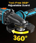 Heavy Duty Brushless Flathead Angle Grinder Kit With 21V Lithium Ion Muscle And Dual 5 Ah Packs showing tool-free 360° adjustable guard.