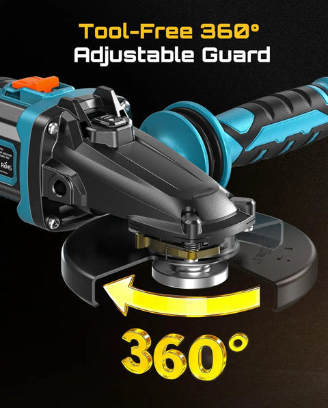 Heavy Duty Brushless Flathead Angle Grinder Kit With 21V Lithium Ion Muscle And Dual 5 Ah Packs showing tool-free 360° adjustable guard.